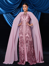 Metallic Embellished Collar Cape Sleeve Dress