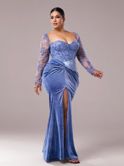 Plus Blue Corset Embroidered Split Prom Dress