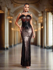 Spaghetti Straps Feather Gradient Sequin Dress