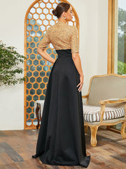 Stand Collar Panel A-Line Pleated Split Prom Dress