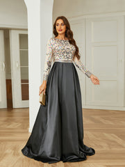 Formal A-Line Satin Panel Black Ball Gown