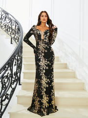 Open Back Long Sleeve Mermaid Black Dress