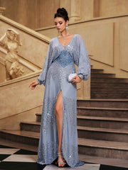 Grey Sequin Loose Split A-line Prom Dress