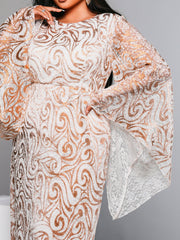 Plus Crew Neck Bell Sleeve Gold Dress