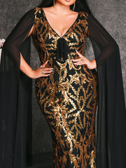 Plus V-neck Cape Sleeve Formal Dress