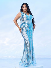 Plus Blue Sequin Mermaid Backless Prom Dress