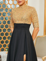 Stand Collar Panel A-Line Pleated Split Prom Dress