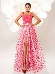 Appliqued Pink Camisole Floral Tulle Dress