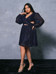 Plus Cutout V-neck Pleated Mini Dress