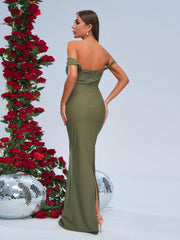 Off Shoulder Green Appliqued Split Dress