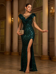 Green Sequin Short Sleeve Ruffled Cocktail Dress