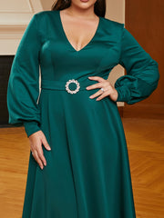Plus Size V-neck A-line Belt Green Wedding Guest Dress