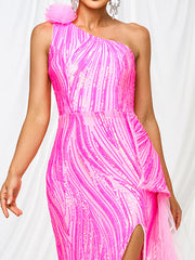 Appliqued One Shoulder Split Sequin Dress