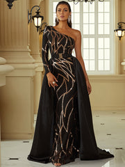 One Shoulder Cloak Sequin Prom Dress