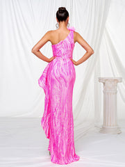 Appliqued One Shoulder Split Sequin Dress