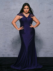 Plus Navy Polka Dots Mermaid Backless Prom Dress