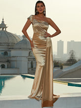Ruched One Shoulder Draped Satin Dress