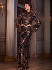 Elegant Turtleneck Padded Shoulder Trumpet Sleeve Sequin Evening Dress