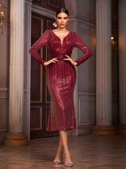 Elegant Deep V-Neck Long Sleeve Ruched Burgundy Sequin Bodycon Midi Dress