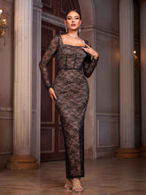 Square Neck Long Sleeve Lace Slit Formal Dress
