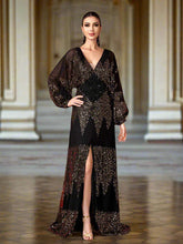 Lantern Sleeve V-Neck High Split Black Prom Dress