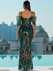 Cold Shoulder Sequin Graphic Prom Dress