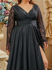 Plus Size Wrap Ruched Lace Sleeve Black Dress