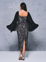 Plus Panel Sleeve Sequin Midi Dress
