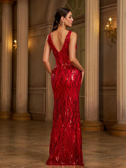 V-neck Split Sequin Maxi Prom Dress
