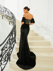 Off Shoulder Velvet Evening Dress