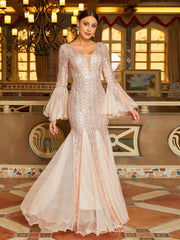 V-neck Panel Ruffle Backless Sequin Prom Dress