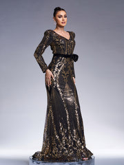 Black Long Sleeve Sequined V-neck Dress