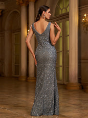 Grey Double V Split Sequin Prom Dress