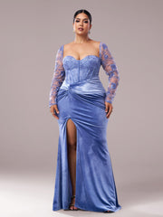 Plus Blue Corset Embroidered Split Prom Dress