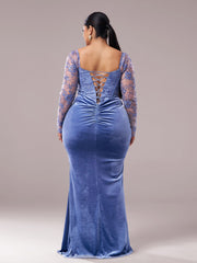 Plus Blue Corset Embroidered Split Prom Dress