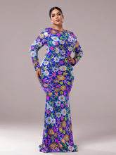 Plus Crew Neck Floral Sequin Dress