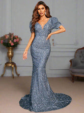 Puff Sleeve Floor Length Sequin Prom Dress