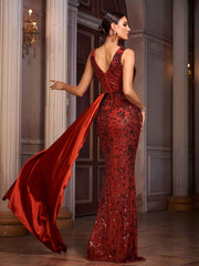 Elegant Drape Satin and Sequin Embellished Mermaid Evening Gown