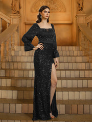 Polka Dots Square Neck Sequin Prom Dress
