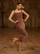 Square Neck Split Back Sequin Brown Prom Dress