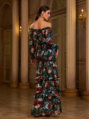 Ruffled Green Printed Casual Chiffon Dress