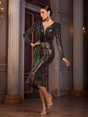 Plunging V-Neck Long Sleeve Sequin Bodycon Midi Dress