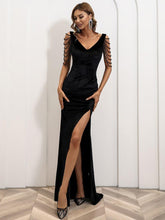 Shouder Chain Split Velvet Prom Dress