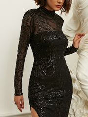 Luxurious Black Sequin Split Cocktail Dress