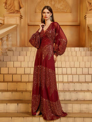 Wine Sequin A-line Split Prom Dress