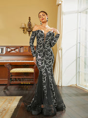 Off Shoulder Long Sleeve Mermaid Hem Sequin Wedding Dress