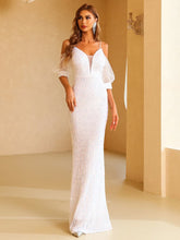 Cold Shoulder Contrast Mesh Puff Sleeve Sequin Wedding Dress