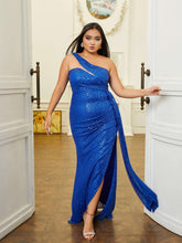 Plus Size Cutout One Shoulder Sequin Blue Prom Dress