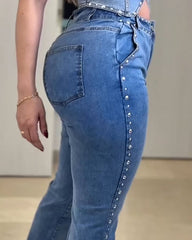 High-Elasticity Studded Straight Leg Jeans