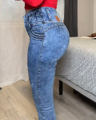 4-Row Button-Down Hip-Lifting Skinny Jeans